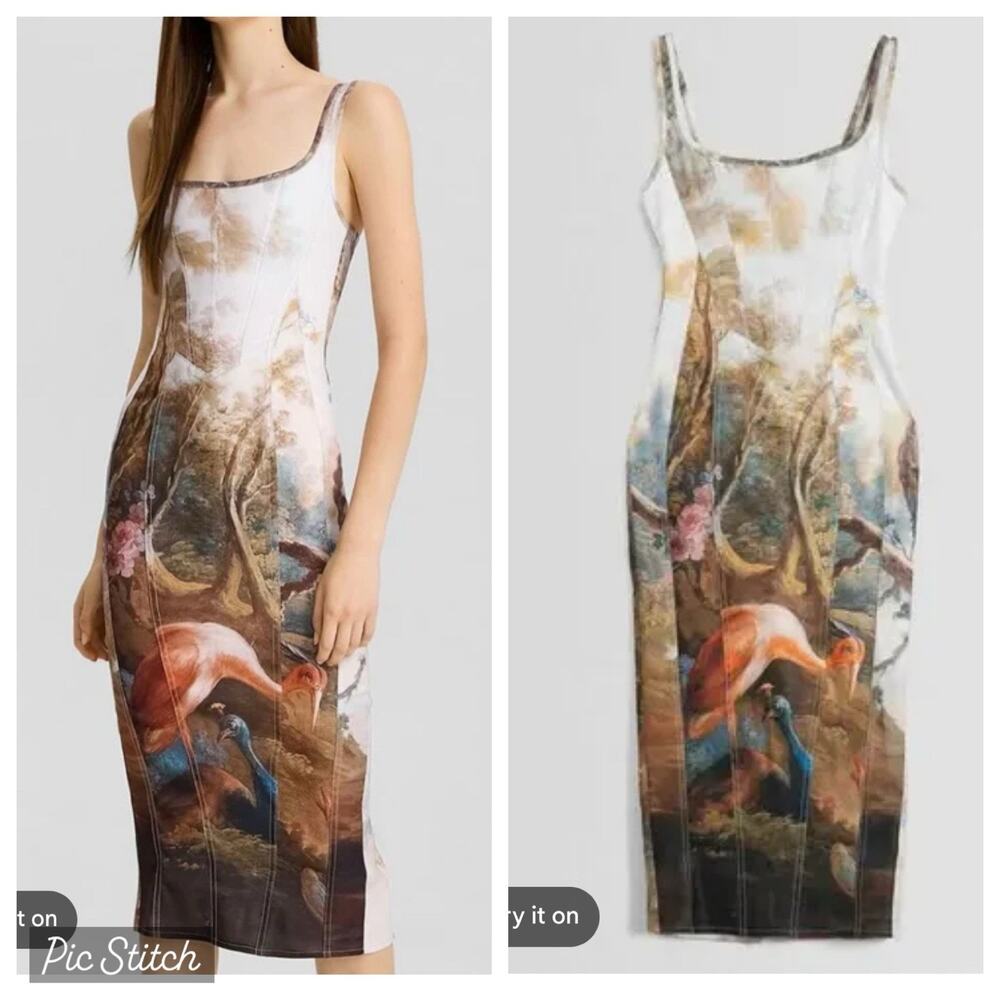 Bershka Peacock Panneaux Du Salon Art Series Bodycon Dress Art Tapestry Romantic